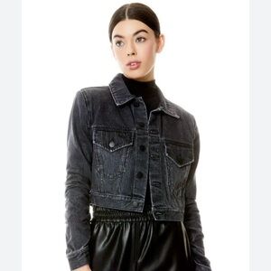 Alice and Olivia Tinsley Ruched Sleeve Women's Black Denim Jacket